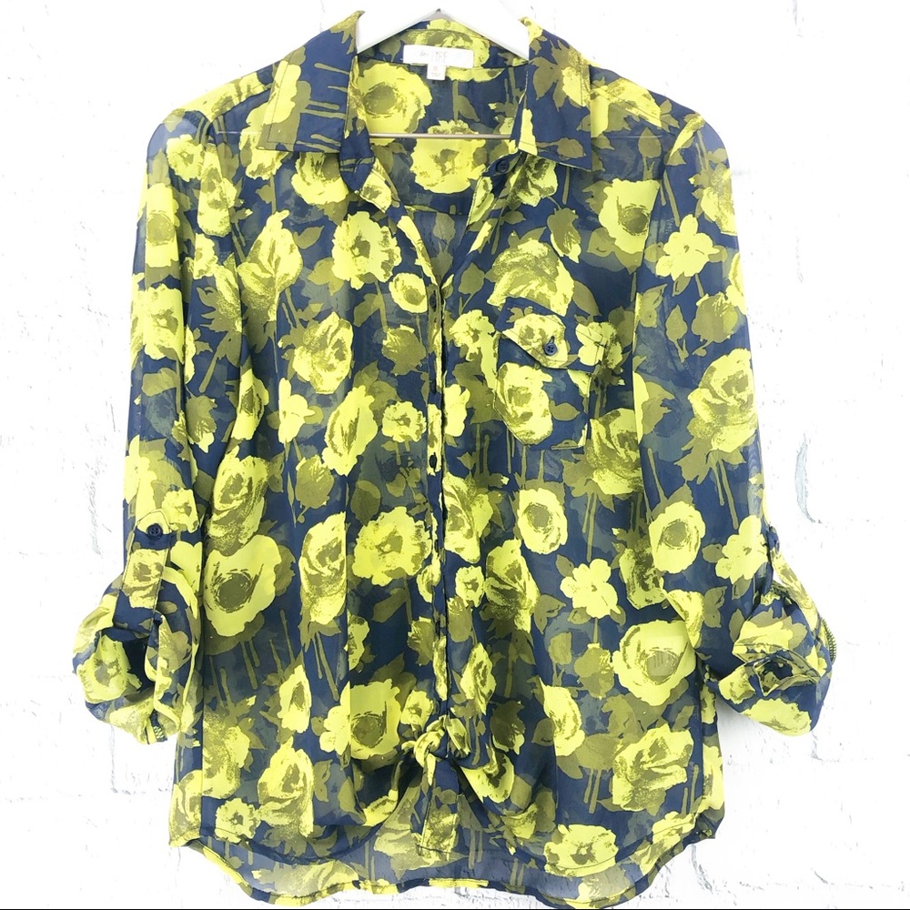 Blue & Yellow Floral Tab Sleeve Sheer Top